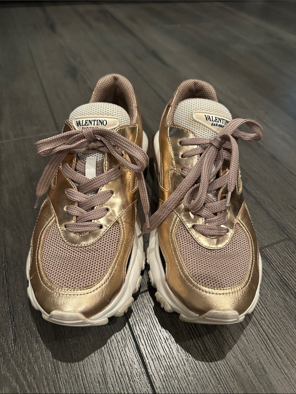 Valentino Garavani Metallic Rose Gold and Pink Mesh Sneakers